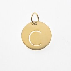 Stainless steel alphabet letter pendant 'C', gold plated, gold color, diameter-12 mm, hole size-4 mm