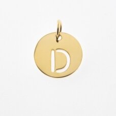 Stainless steel alphabet letter pendant 'D', gold plated, gold color, diameter-12 mm, hole size-4 mm
