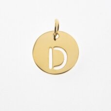 Stainless steel alphabet letter pendant 'D', gold plated, gold color, diameter-12 mm, hole size-4 mm