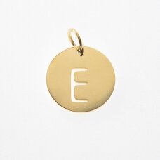 Stainless steel alphabet letter pendant 'E', gold plated, gold color, diameter-12 mm, hole size-4 mm