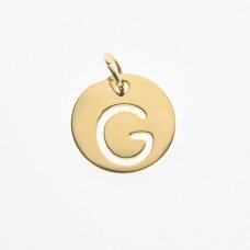Nerūdijančio plieno pakabukas raidė 'G', paauksuotas, auksinė spalva, diametras-12 mm, skylės dydis-4 mm