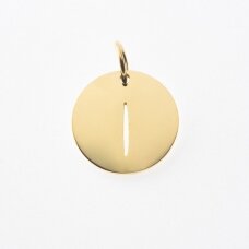 Stainless steel alphabet letter pendant 'I', gold plated, gold color, diameter-12 mm, hole size-4 mm