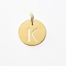 Stainless steel alphabet letter pendant 'K', gold plated, gold color, diameter-12 mm, hole size-4 mm