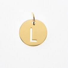 Stainless steel alphabet letter pendant 'L', gold plated, gold color, diameter-12 mm, hole size-4 mm