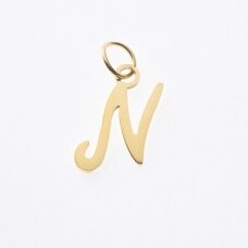 Stainless steel letter 'N' pendant, gold plated, gold color, wide-10 mm, length-17 mm, hole size-4 mm