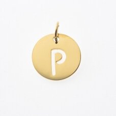Nerūdijančio plieno pakabukas raidė 'P', paauksuotas, auksinė spalva, diametras-12 mm, skylės dydis-4 mm