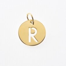 Nerūdijančio plieno pakabukas raidė 'R', paauksuotas, auksinė spalva, diametras-12 mm, skylės dydis-4 mm