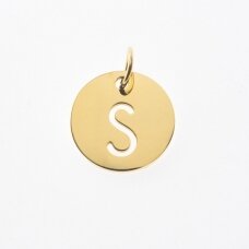 Stainless steel alphabet letter pendant 'S', gold plated, gold color, diameter-12 mm, hole size-4 mm