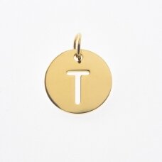 Stainless steel alphabet letter pendant 'T', gold plated, gold color, diameter-12 mm, hole size-4 mm