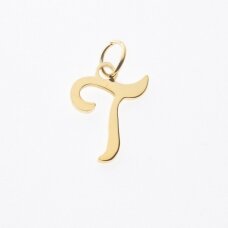 Stainless steel letter 'T' pendant, gold plated, gold color, wide-10 mm, length-17 mm, hole size-4 mm