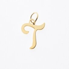 Stainless steel letter 'T' pendant, gold plated, gold color, wide-10 mm, length-17 mm, hole size-4 mm Stainless steel letter 'T' pendant, gold plated, gold color, wide-10 mm, length-17 mm, hole size-4 mm