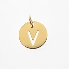 Stainless steel alphabet letter pendant 'V', gold plated, gold color, diameter-12 mm, hole size-4 mm