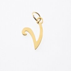 Stainless steel letter 'V' pendant, gold plated, gold color, wide-10 mm, length-17 mm, hole size-4 mm