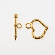 Stainless steel toggle clasp, gold plated, gold color, heart: 18x19x2 mm, hole-2, bar: 23x7x3 mm, hole-2 mm
