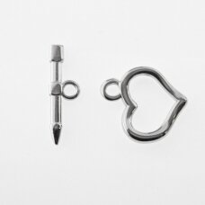 Stainless steel toggle clasp, silver color, heart: 18x19x2 mm, hole-2, bar: 23x7x3 mm, hole-2 mm