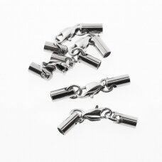 5 pcs, stainless steel lobster claw clasps with tube cord ends, silver color, hole size- 2, 2.5, 3, 4, 5 mm, ring-5 mm, clasp-10 mm