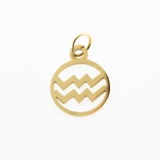 Stainless steel zodiac sign pendant, aquarius, gold plated, gold color, width-11 mm, length-16 mm Stainless steel zodiac sign pendant, aquarius, gold plated, gold color, width-11 mm, length-16 mm