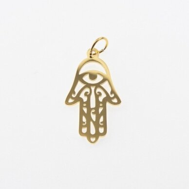 Stainless steel Hand of Fatima pendant, gold plated, gold color, wide-12 mm, length-24 mm, hole size-4 mm