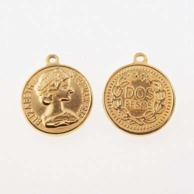 Stainless steel coin pendant 'Dos Pesos/Elizabeth', gold plated, gold color, wide-20 mm, length-23 mm, hole size-1.5 mm