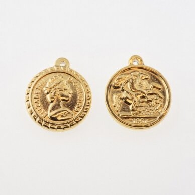 Nerūdijančio plieno pakabukas moneta 'George/Elizabeth', paauksuotas, auksinė spalva, plotis-18 mm, ilgis-21 mm, skylės dydis-1.5 mm
