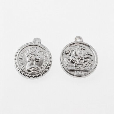 Nerūdijančio plieno pakabukas moneta 'George/Elizabeth', sidabrinė spalva, plotis-18 mm, ilgis-21 mm, skylės dydis-1.5 mm