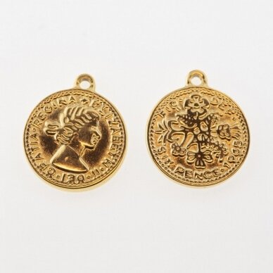Nerūdijančio plieno pakabukas moneta 'Pence/Elizabeth', paauksuotas, auksinė spalva, plotis-18 mm, ilgis-21 mm, skylės dydis-1.5 mm