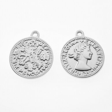 Nerūdijančio plieno pakabukas moneta 'Pence/Elizabeth', sidabrinė spalva, plotis-18 mm, ilgis-21 mm, skylės dydis-1.5 mm