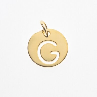 Nerūdijančio plieno pakabukas raidė 'G', paauksuotas, auksinė spalva, diametras-12 mm, skylės dydis-4 mm