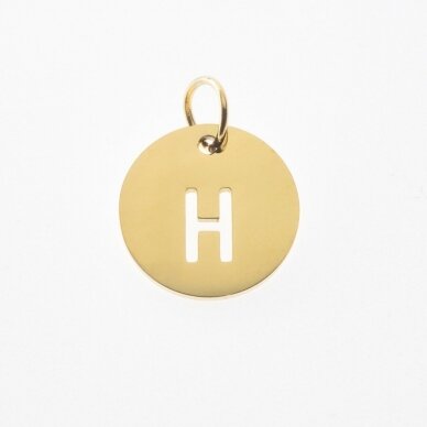 Nerūdijančio plieno pakabukas raidė 'H', paauksuotas, auksinė spalva, diametras-12 mm, skylės dydis-4 mm