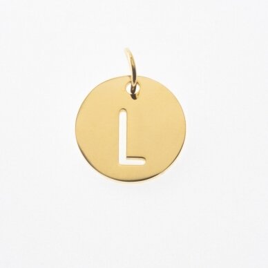 Nerūdijančio plieno pakabukas raidė 'L', paauksuotas, auksinė spalva, diametras-12 mm, skylės dydis-4 mm