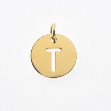 Nerūdijančio plieno pakabukas raidė 'T', paauksuotas, auksinė spalva, diametras-12 mm, skylės dydis-4 mm