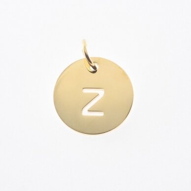 Nerūdijančio plieno pakabukas raidė 'Z', paauksuotas, auksinė spalva, diametras-12 mm, skylės dydis-4 mm