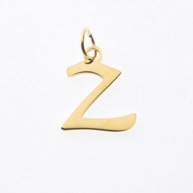 Nerūdijančio plieno pakabukas raidė 'Z', paauksuotas, auksinė spalva, plotis-10 mm, ilgis-17 mm, skylės dydis-4 mm