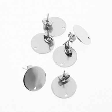 Nerūdijančio plieno ruošiniai įsegamiems auskarams, sidabrinė spalva, lėkštutės dydis-8, 10, 12, 15 mm, kojelė-11 mm