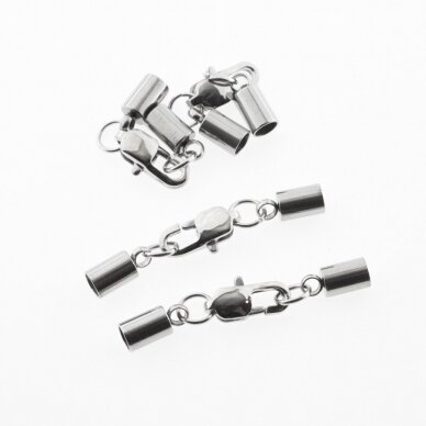 5 pcs, Stainless steel lobster claw clasps with tube cord ends, silver color, hole size- 1.5, 2, 3 mm, ring-5 mm, clasp-10 mm