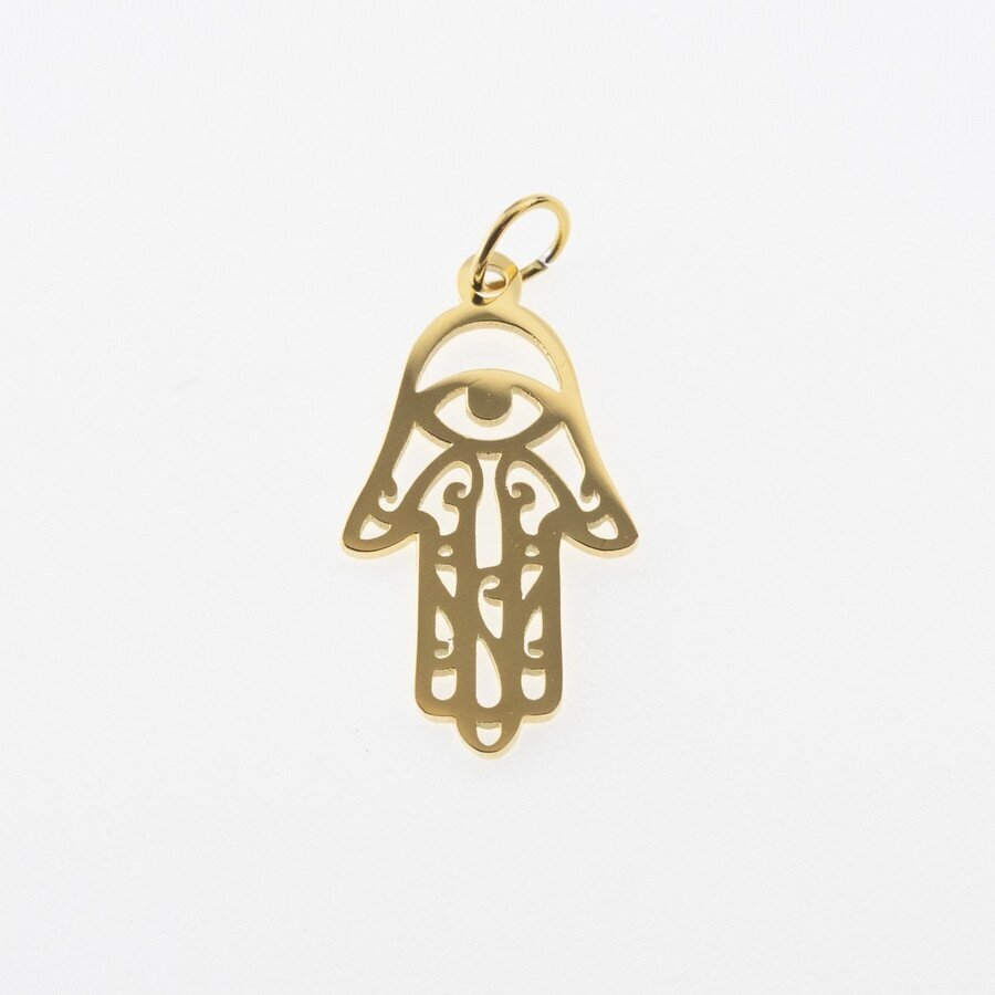 Stainless steel Hand of Fatima pendant, gold plated, gold color, wide-12 mm, length-24 mm, hole size-4 mm Stainless steel Hand of Fatima pendant, gold plated, gold color, wide-12 mm, length-24 mm, hole size-4 mm