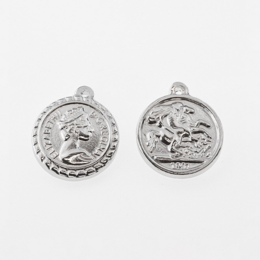 Nerūdijančio plieno pakabukas moneta 'George/Elizabeth', sidabrinė spalva, plotis-18 mm, ilgis-21 mm, skylės dydis-1.5 mm Nerūdijančio plieno pakabukas moneta 'George/Elizabeth', sidabrinė spalva, plotis-18 mm, ilgis-21 mm, skylės dydis-1.5 mm