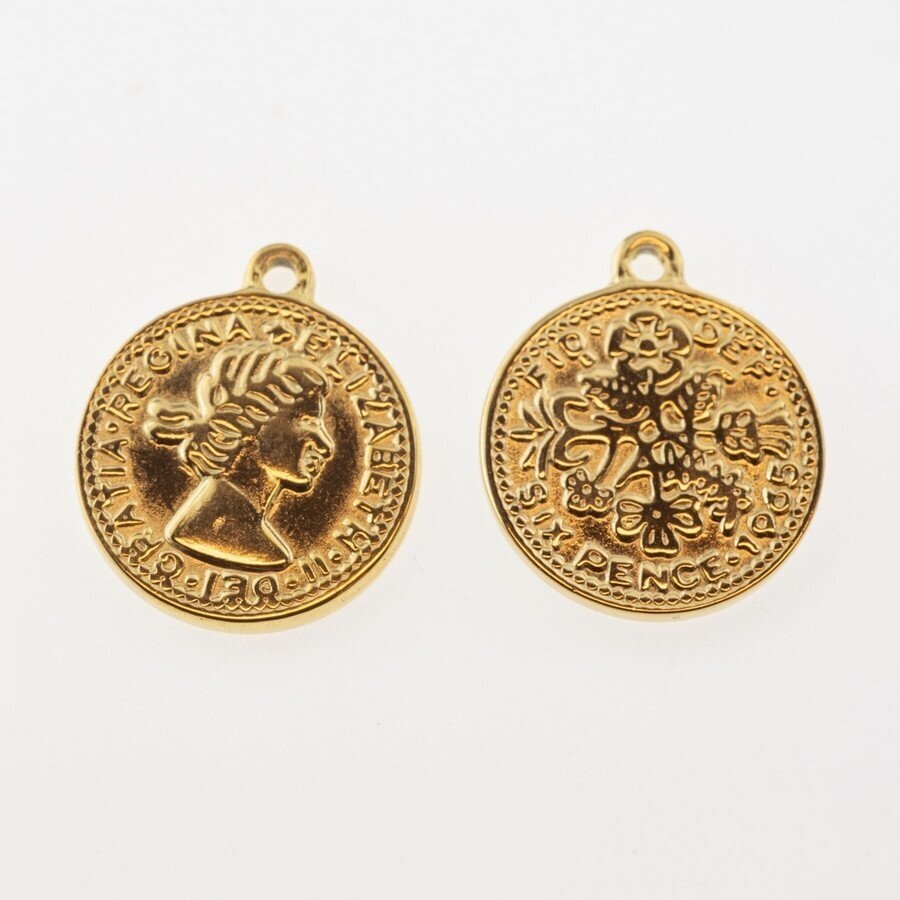 Nerūdijančio plieno pakabukas moneta 'Pence/Elizabeth', paauksuotas, auksinė spalva, plotis-18 mm, ilgis-21 mm, skylės dydis-1.5 mm Nerūdijančio plieno pakabukas moneta 'Pence/Elizabeth', paauksuotas, auksinė spalva, plotis-18 mm, ilgis-21 mm, skylės dydis-1.5 mm