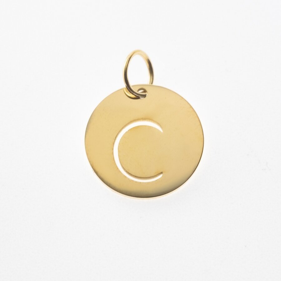 Stainless steel alphabet letter pendant 'C', gold plated, gold color, diameter-12 mm, hole size-4 mm Stainless steel alphabet letter pendant 'C', gold plated, gold color, diameter-12 mm, hole size-4 mm