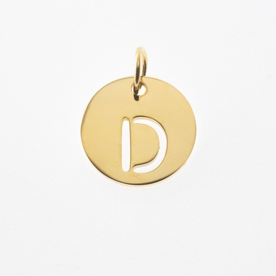 Nerūdijančio plieno pakabukas raidė 'D', paauksuotas, auksinė spalva, diametras-12 mm, skylės dydis-4 mm