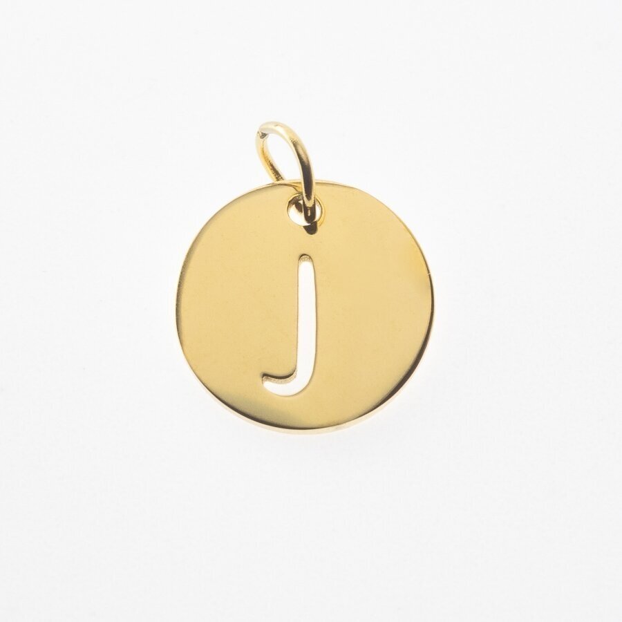 Nerūdijančio plieno pakabukas raidė 'J', paauksuotas, auksinė spalva, diametras-12 mm, skylės dydis-4 mm Nerūdijančio plieno pakabukas raidė 'J', paauksuotas, auksinė spalva, diametras-12 mm, skylės dydis-4 mm