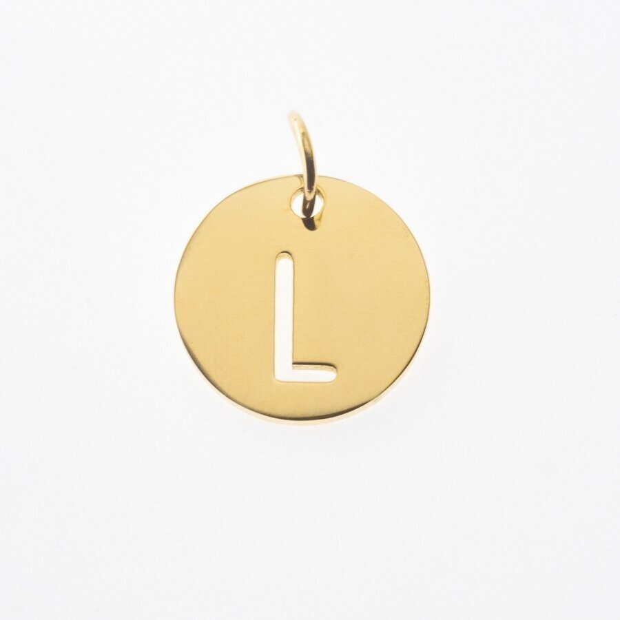 Stainless steel alphabet letter pendant 'L', gold plated, gold color, diameter-12 mm, hole size-4 mm