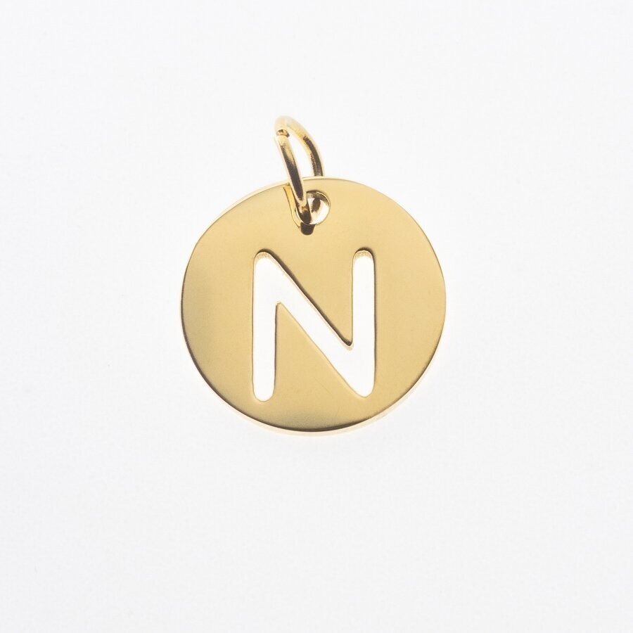 Stainless steel alphabet letter pendant 'N', gold plated, gold color, diameter-12 mm, hole size-4 mm Stainless steel alphabet letter pendant 'N', gold plated, gold color, diameter-12 mm, hole size-4 mm