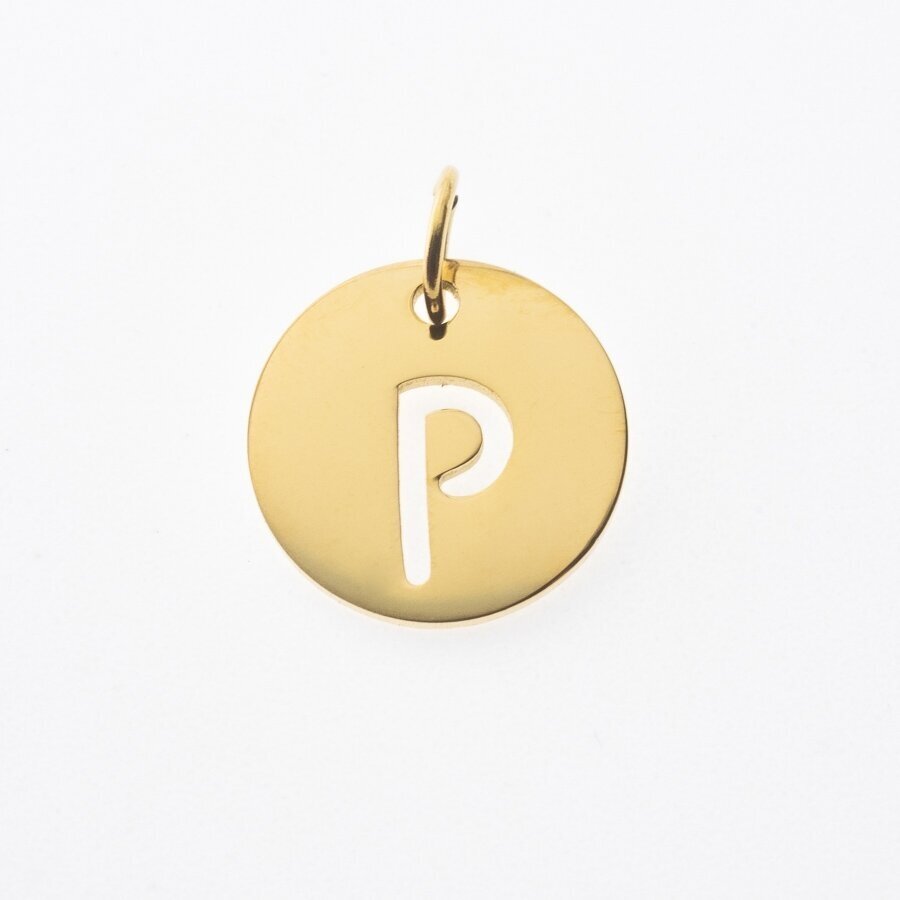 Stainless steel alphabet letter pendant 'P', gold plated, gold color, diameter-12 mm, hole size-4 mm Stainless steel alphabet letter pendant 'P', gold plated, gold color, diameter-12 mm, hole size-4 mm
