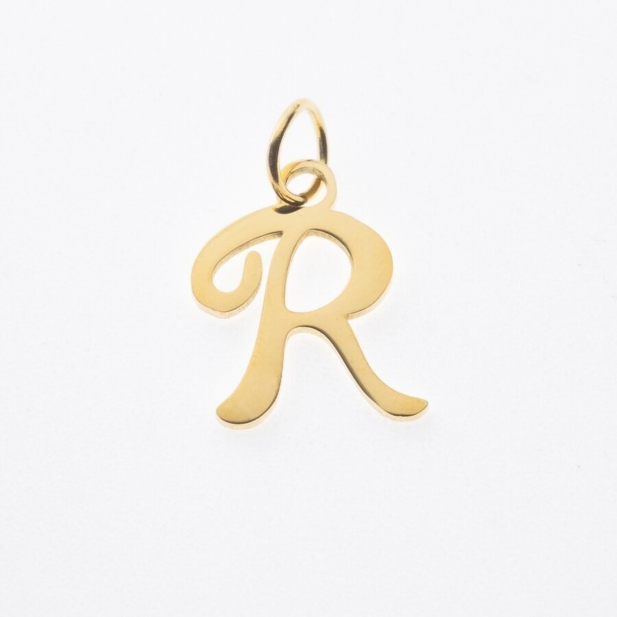 Stainless steel letter 'R' pendant, gold plated, gold color, wide-10 mm, length-17 mm, hole size-4 mm Stainless steel letter 'R' pendant, gold plated, gold color, wide-10 mm, length-17 mm, hole size-4 mm