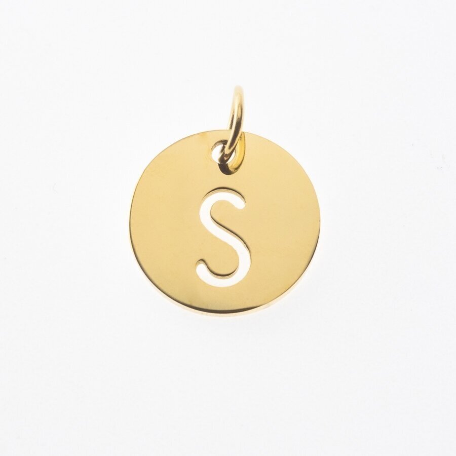 Stainless steel alphabet letter pendant 'S', gold plated, gold color, diameter-12 mm, hole size-4 mm Stainless steel alphabet letter pendant 'S', gold plated, gold color, diameter-12 mm, hole size-4 mm
