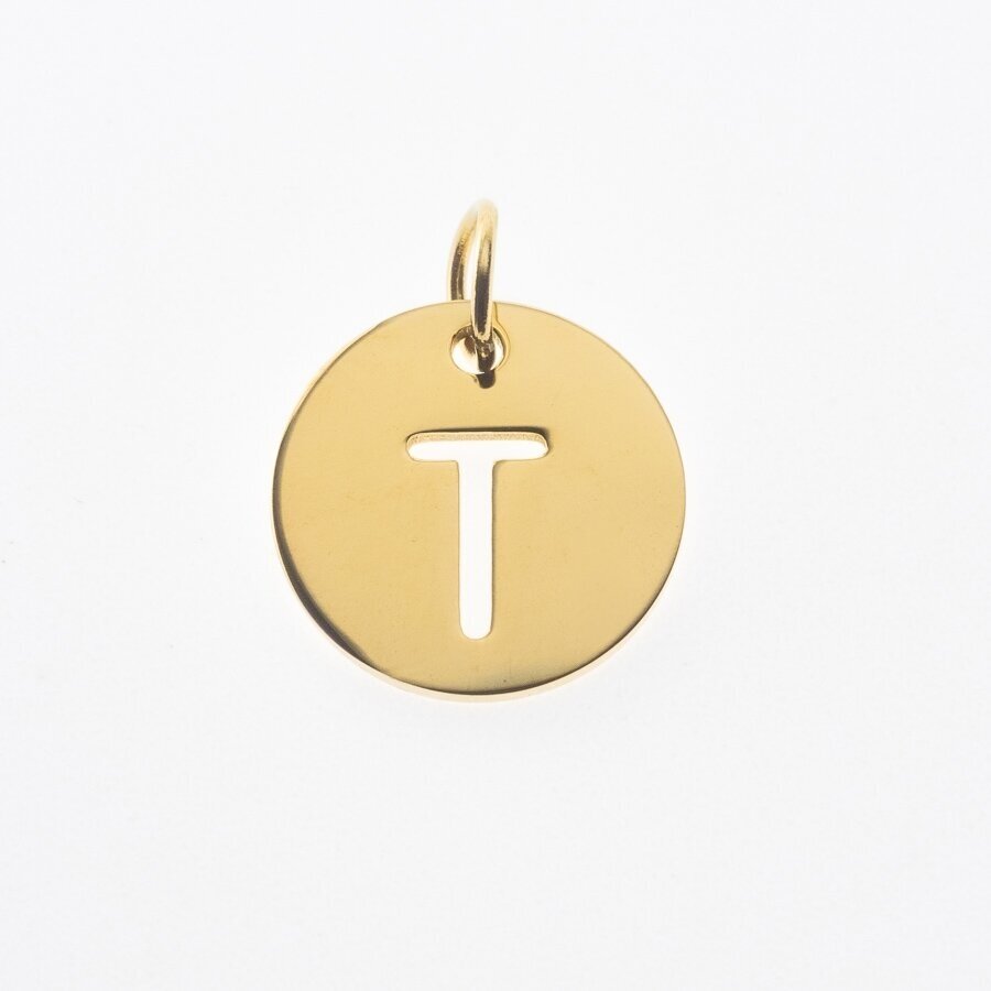 Stainless steel alphabet letter pendant 'T', gold plated, gold color, diameter-12 mm, hole size-4 mm