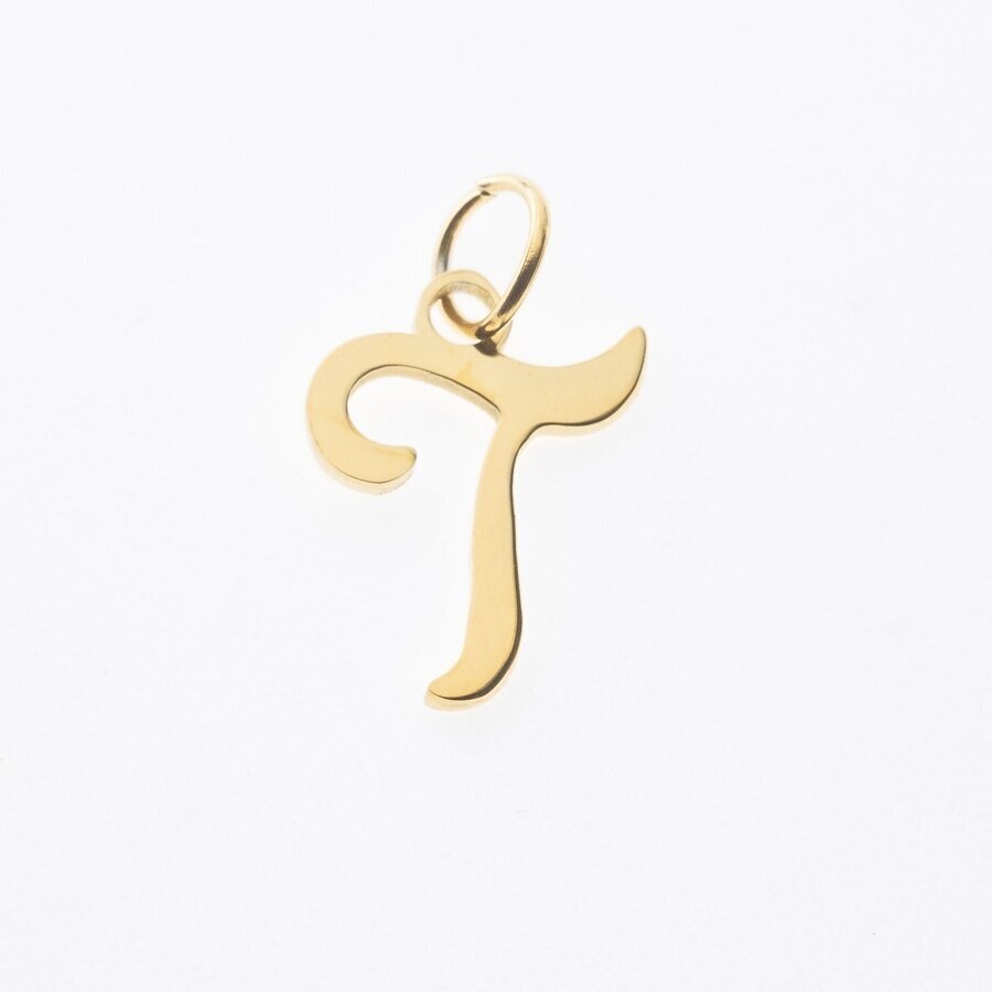 Stainless steel letter 'T' pendant, gold plated, gold color, wide-10 mm, length-17 mm, hole size-4 mm Stainless steel letter 'T' pendant, gold plated, gold color, wide-10 mm, length-17 mm, hole size-4 mm