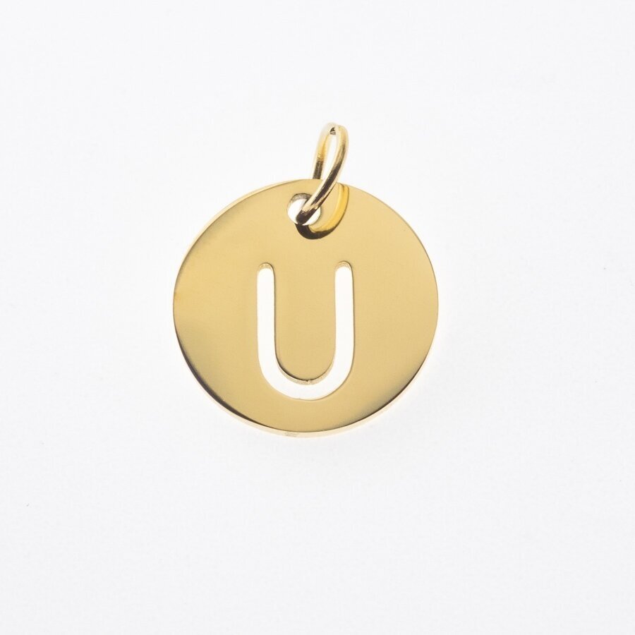Stainless steel alphabet letter pendant 'U', gold plated, gold color, diameter-12 mm, hole size-4 mm Stainless steel alphabet letter pendant 'U', gold plated, gold color, diameter-12 mm, hole size-4 mm