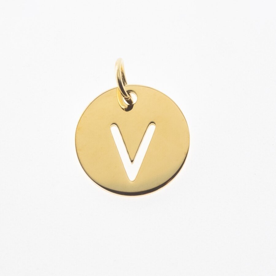 Stainless steel alphabet letter pendant 'V', gold plated, gold color, diameter-12 mm, hole size-4 mm Stainless steel alphabet letter pendant 'V', gold plated, gold color, diameter-12 mm, hole size-4 mm